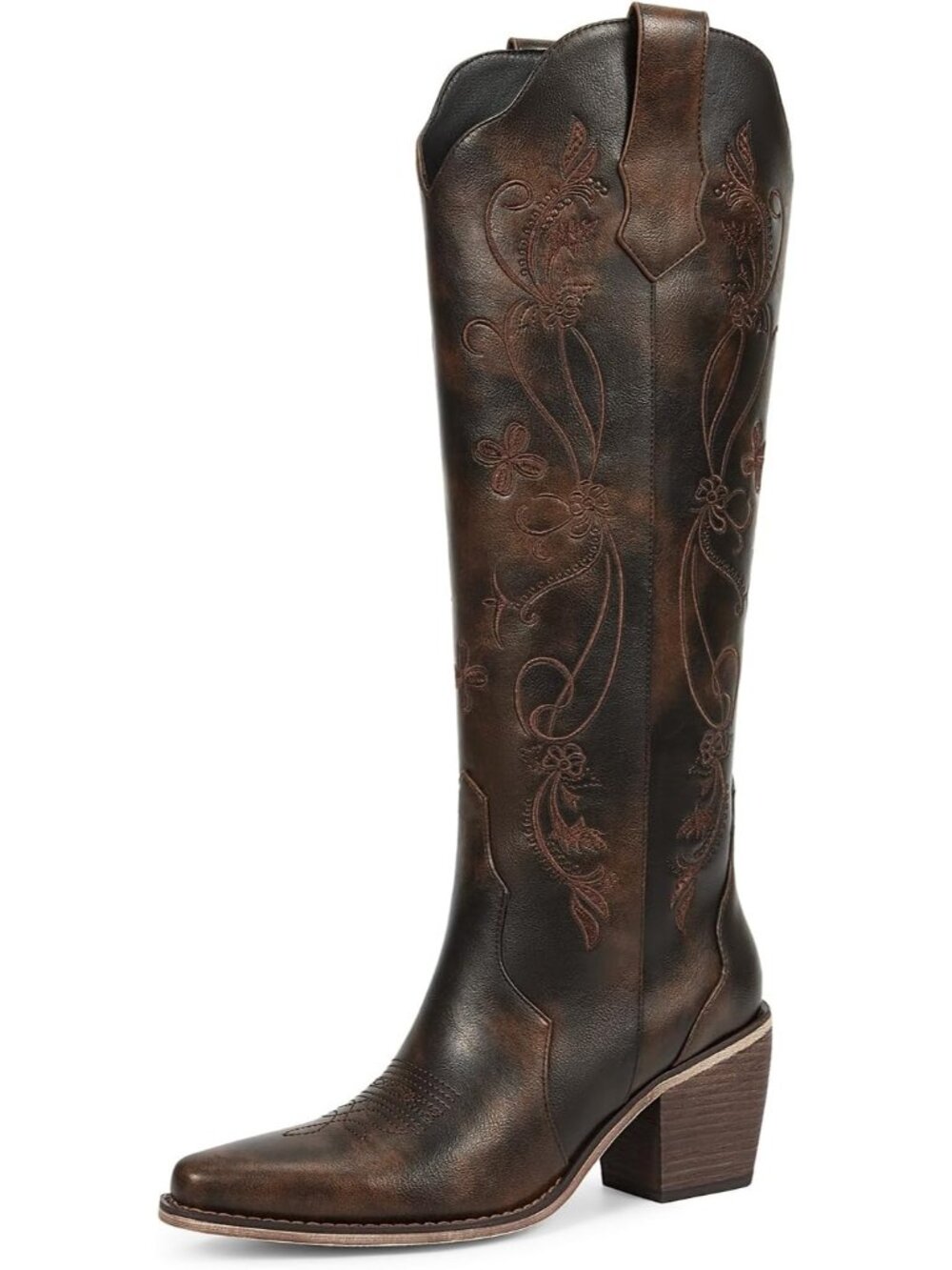 Women's Dark Brown Embroidered Pointed Toe Stable and Comfortable Knee High Boot